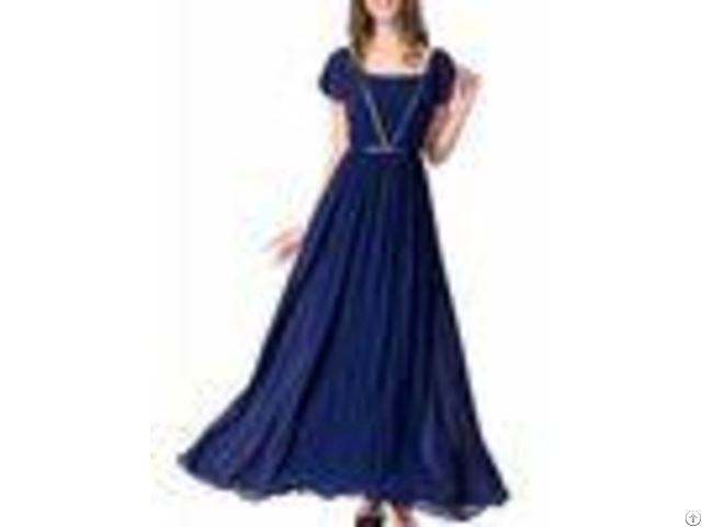 Elegant Chiffon U Neck Womens Summer Maxi Dresses Royal Blue Flare Sleeves Big Sweep