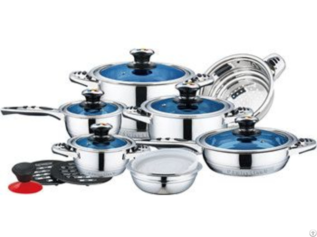 16pcs Blue Glass Lids Stainless Steel Cookware Set With Fish Bone Shape Handle