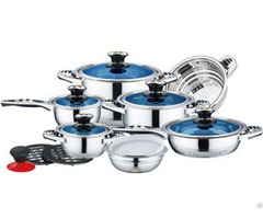 16pcs Blue Glass Lids Stainless Steel Cookware Set With Fish Bone Shape Handle