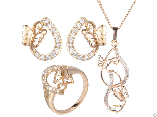 Cz Stone Butterfly 24k Italian Artificial Gold Plated Pendant Bridal Wedding Jewelry Sets