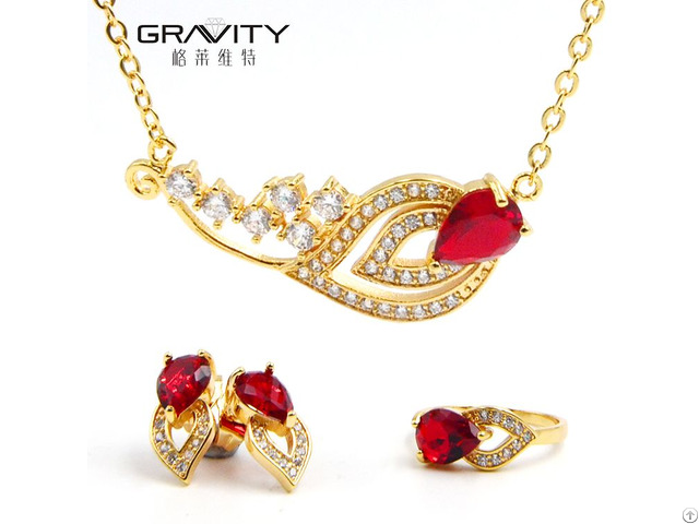 Fashion Luxury Dubai 18k Gold Plated Red Ruby Jewelry Set For Women