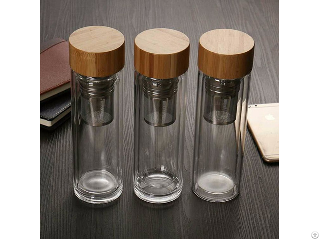 Insulated Glass Infuser Tumbler Water Drinking Bottle With Bamboo Lid