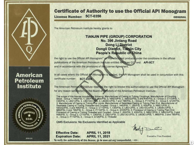 Certificate Of Authority To Use Api Relative License For Steel Pipe