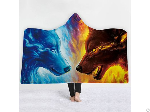 3d Wolf Printing Fleece Double Throw Hooded Blanket