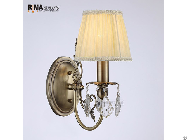 Goden Color Fabric Shade Antique Brass Crystal Wall Light