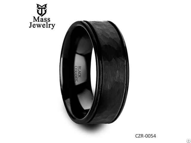 Hammered Finish Center Black Ceramic Wedding Band With Dual Offset Grooves And Polished Edges