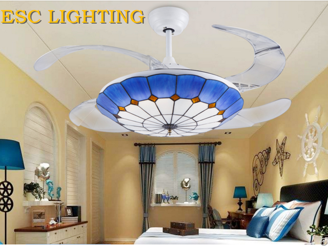 Modern Mediterranean Style Decorative Living Room Ceiling Fan With Light Colorful Lampshade