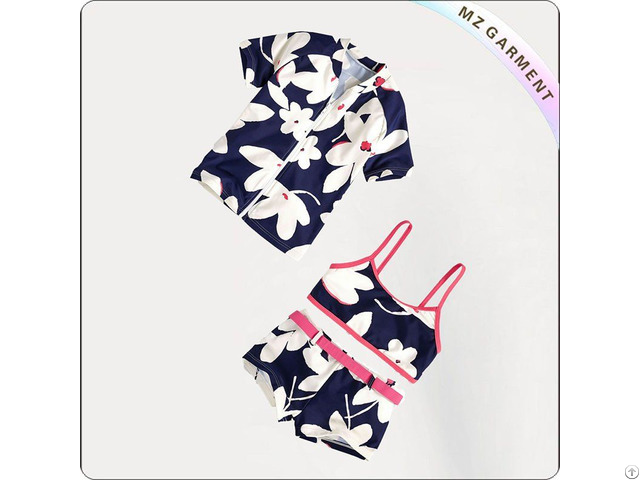 Kids White Floral Print With Pink Lace Bikini